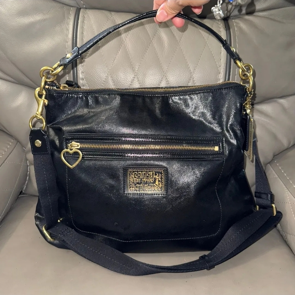 Coach Black Leather Shoulder Bag with Gold Details